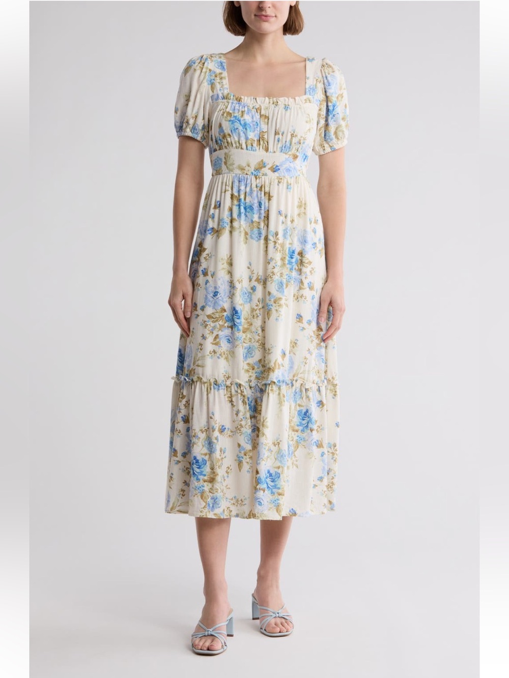 Nordstrom August sky Cream Midi Dress with Blue Floral Print and Square Neck